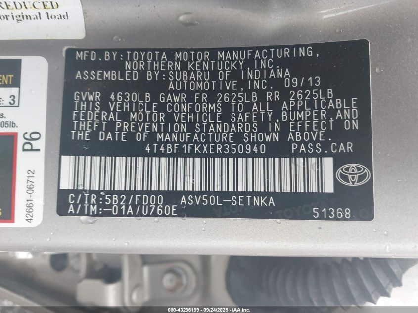 2014 Toyota Camry Le VIN: 4T4BF1FKXER350940 Lot: 43236199