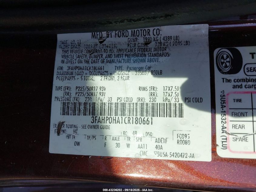 2012 Ford Fusion Se VIN: 3FAHP0HA1CR180661 Lot: 43236202