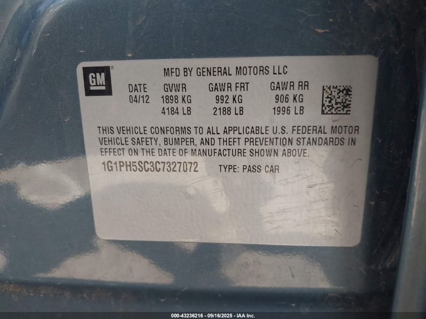 2012 Chevrolet Cruze Ltz VIN: 1G1PH5SC3C7327072 Lot: 43236216