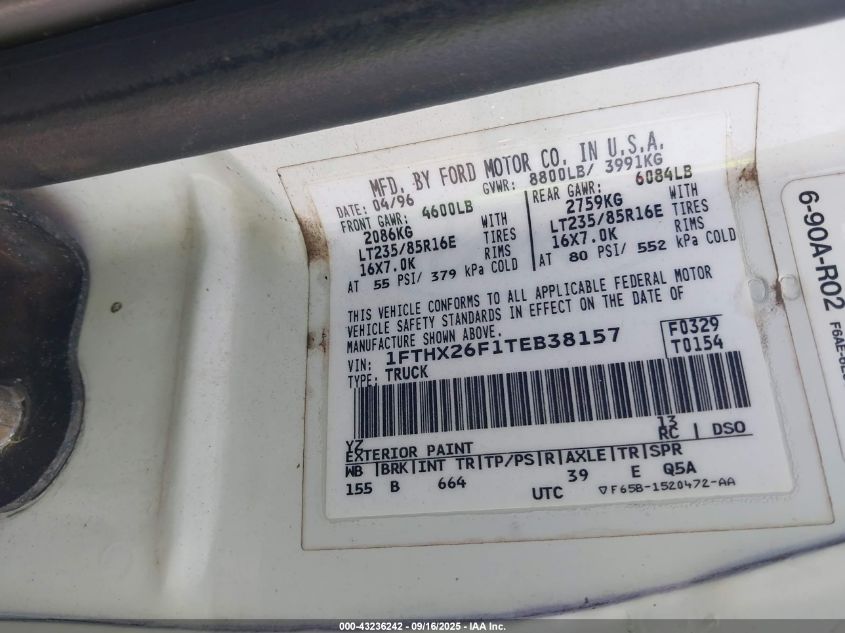 1996 Ford F250 VIN: 1FTHX26F1TEB38157 Lot: 43236242