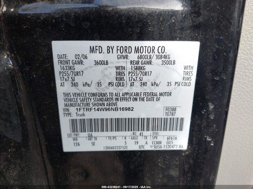 2006 Ford F-150 Stx/Xl/Xlt VIN: 1FTRF14W96NB16982 Lot: 43236241