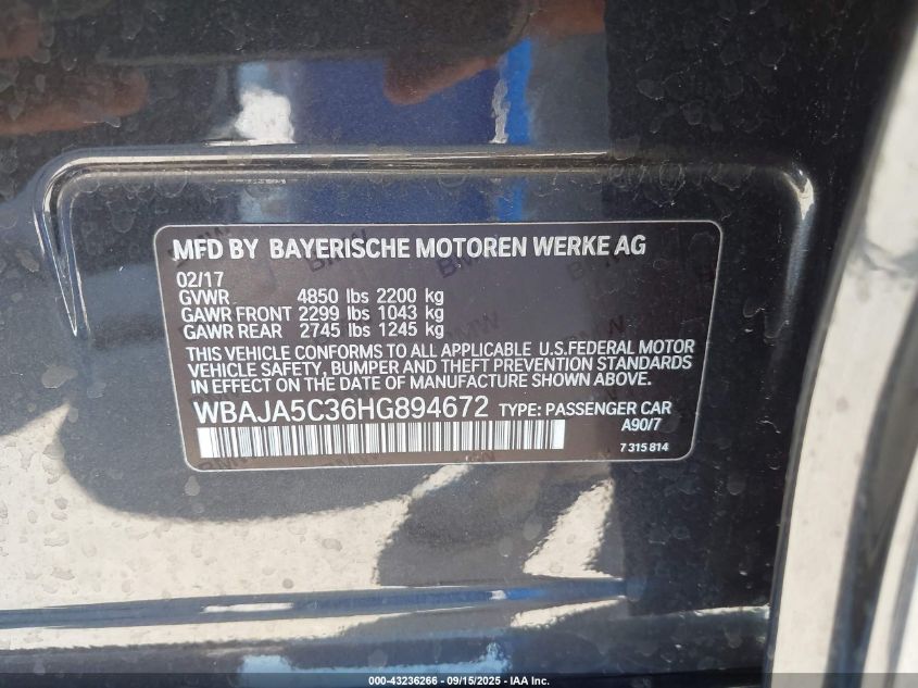 2017 BMW 530I VIN: WBAJA5C36HG894672 Lot: 43236266