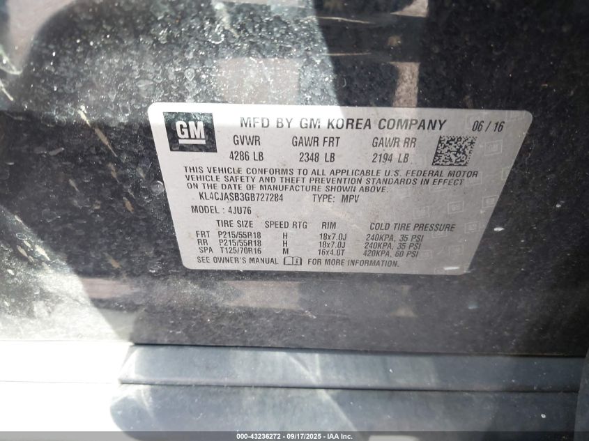 2016 Buick Encore VIN: KL4CJASB3GB727284 Lot: 43236272