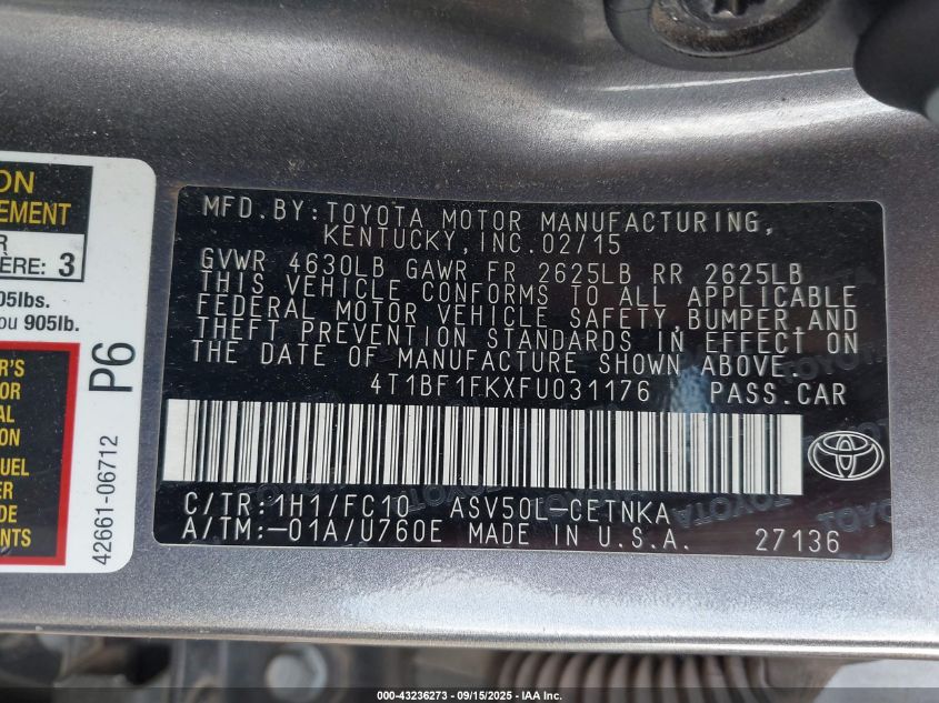 2015 Toyota Camry Le VIN: 4T1BF1FKXFU031176 Lot: 43236273