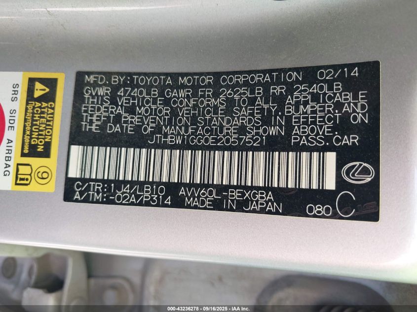 2014 Lexus Es 300H VIN: JTHBW1GG0E2057521 Lot: 43236278