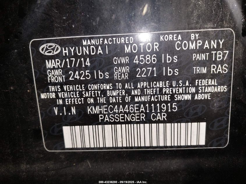 2014 Hyundai Sonata Hybrid Limited VIN: KMHEC4A46EA111915 Lot: 43236280