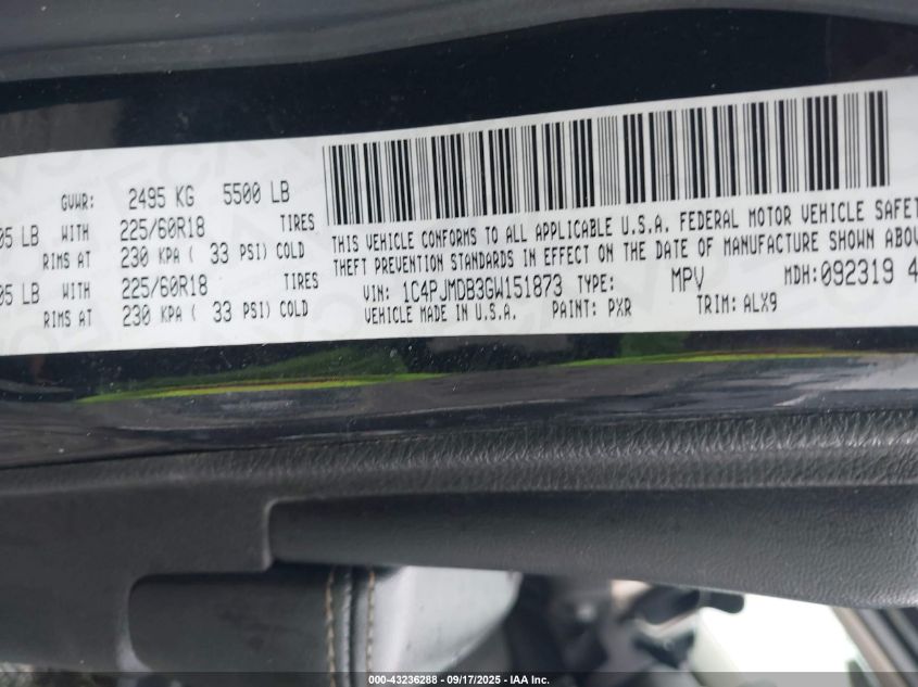 2016 Jeep Cherokee Limited VIN: 1C4PJMDB3GW151873 Lot: 43236288