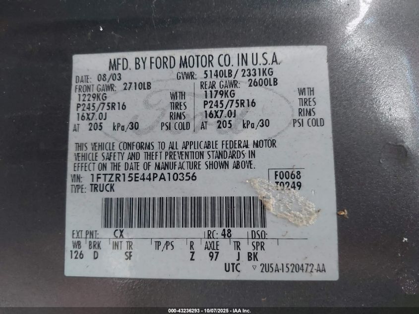 2004 Ford Ranger Xlt VIN: 1FTZR15E44PA10356 Lot: 43236293