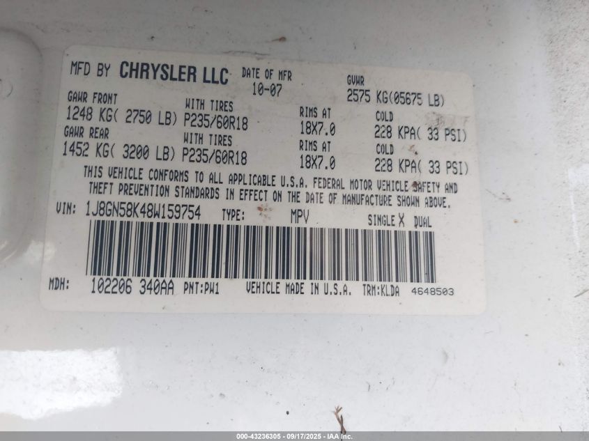 2008 Jeep Liberty Limited Edition VIN: 1J8GN58K48W159754 Lot: 43236305