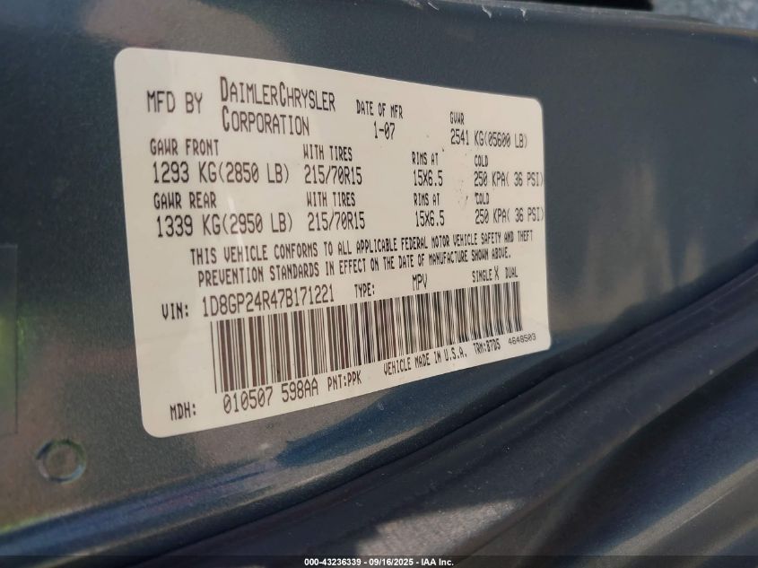 2007 Dodge Grand Caravan Se VIN: 1D8GP24R47B171221 Lot: 43236339