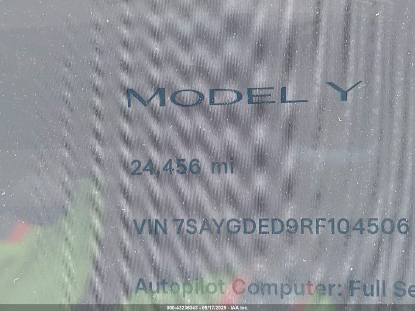2024 Tesla Model Y Long Range Dual Motor All-Wheel Drive/Rwd VIN: 7SAYGDED9RF104506 Lot: 43236343