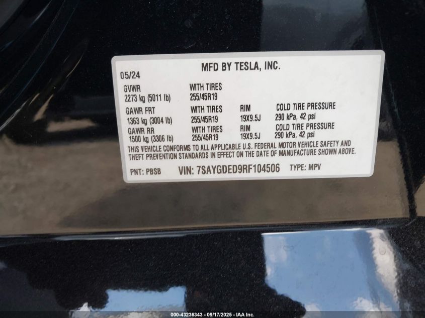 2024 Tesla Model Y Long Range Dual Motor All-Wheel Drive/Rwd VIN: 7SAYGDED9RF104506 Lot: 43236343