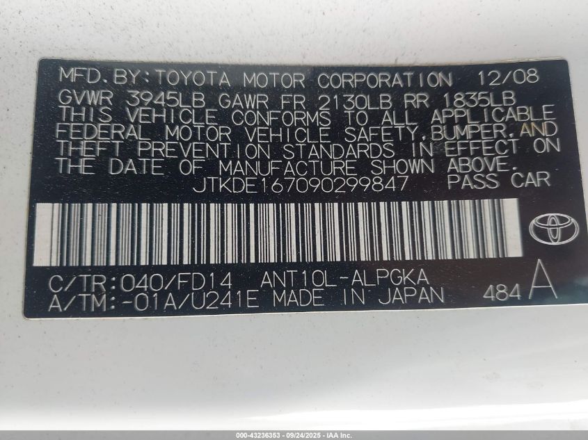 2009 Scion Tc VIN: JTKDE167090299847 Lot: 43236353