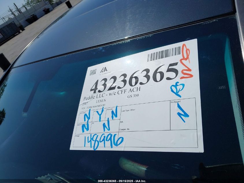 2007 Lexus Gs 350 VIN: JTHBE96S670024383 Lot: 43236365