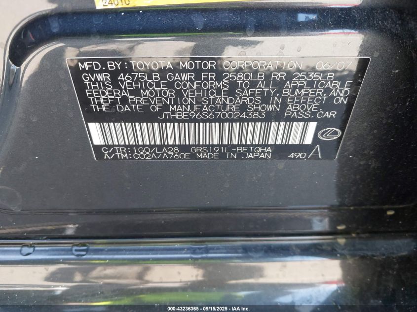 2007 Lexus Gs 350 VIN: JTHBE96S670024383 Lot: 43236365