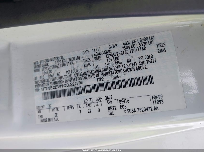 2012 Ford E-250 Commercial VIN: 1FTNE2EW1CDA22795 Lot: 43236370