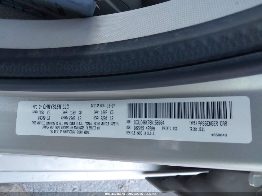 2008 Chrysler Sebring Lx VIN: 1C3LC46K78N158004 Lot: 43236374