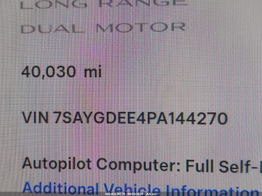 2023 Tesla Model Y Awd/Long Range Dual Motor All-Wheel Drive VIN: 7SAYGDEE4PA144270 Lot: 43236379