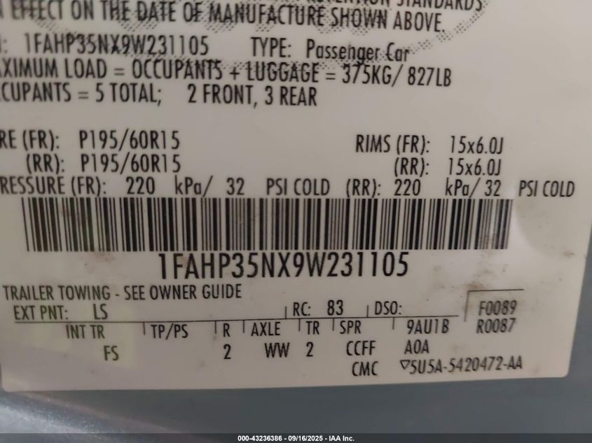 2009 Ford Focus Se VIN: 1FAHP35NX9W231105 Lot: 43236386