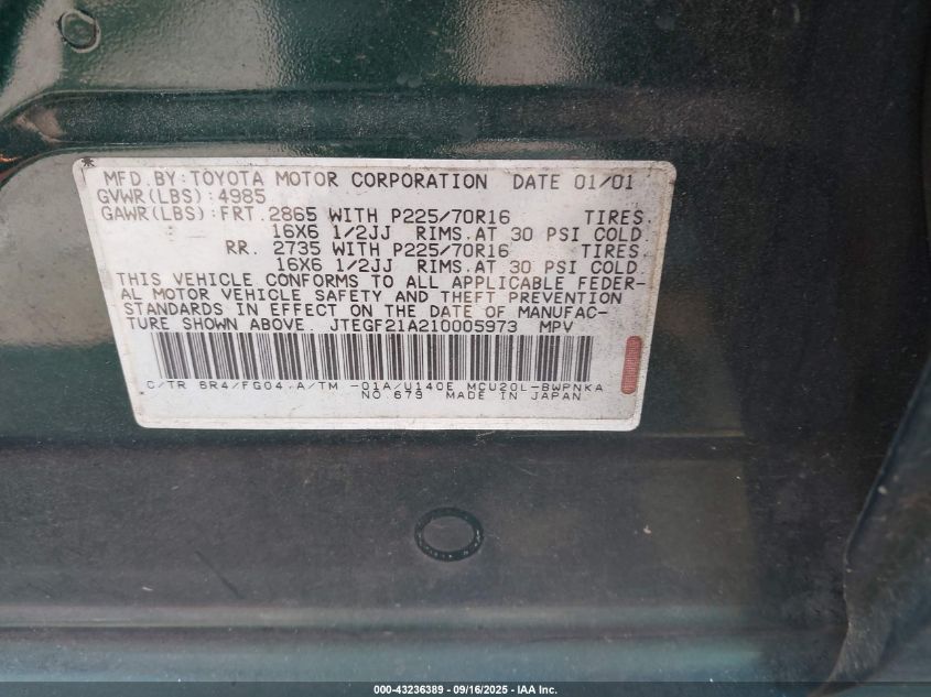 2001 Toyota Highlander V6 VIN: JTEGF21A210005973 Lot: 43236389