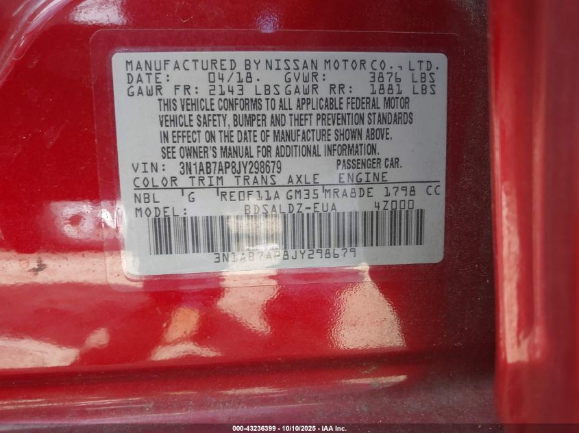 2018 Nissan Sentra Sv VIN: 3N1AB7AP8JY298679 Lot: 43236399