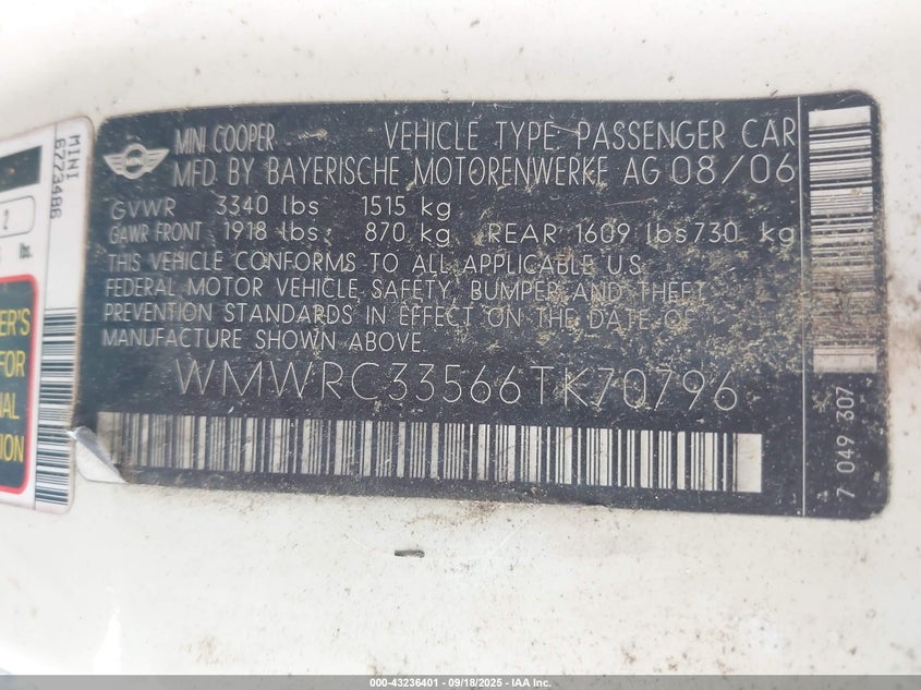 2006 Mini Cooper VIN: WMWRC33566TK70796 Lot: 43236401