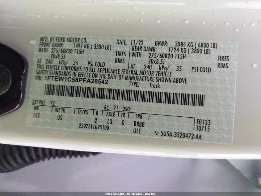 2023 Ford F-150 Xlt VIN: 1FTEW1C58PFA28542 Lot: 43236404