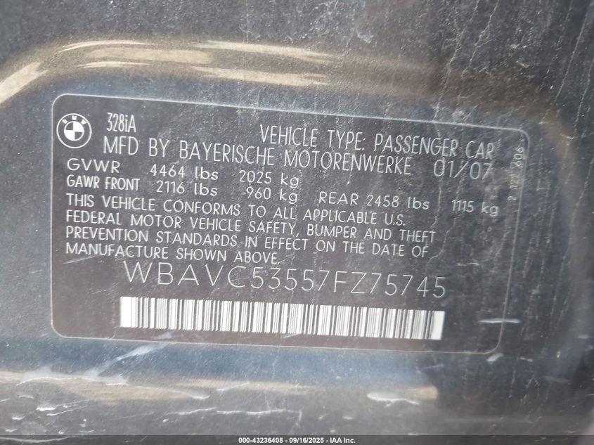 2007 BMW 328I VIN: WBAVC53557FZ75745 Lot: 43236408