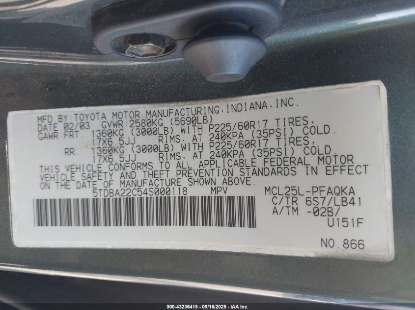 2004 Toyota Sienna Xle Limited VIN: 5TDBA22C54S000118 Lot: 43236415