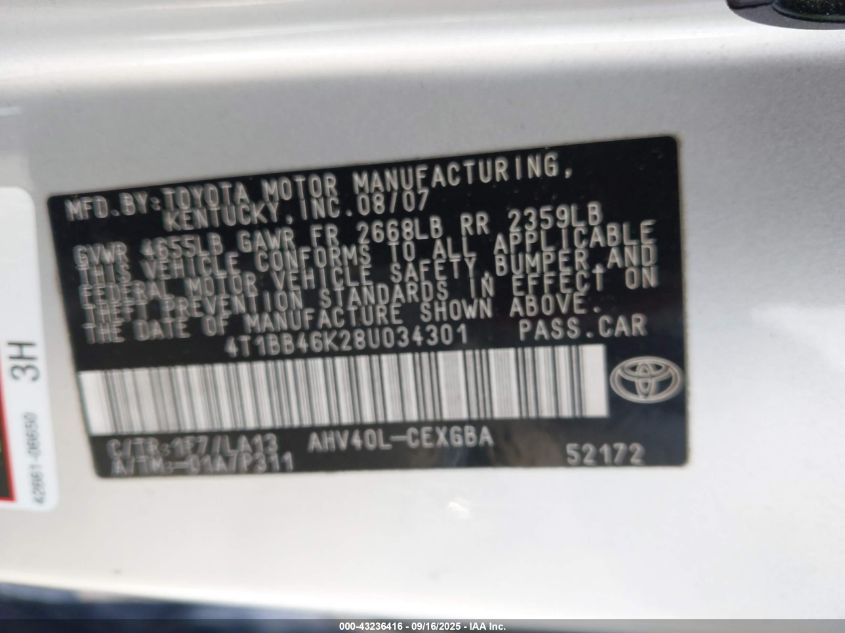 2008 Toyota Camry Hybrid VIN: 4T1BB46K28U034301 Lot: 43236416