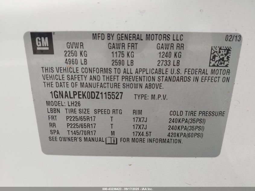 2013 Chevrolet Equinox 2Lt VIN: 1GNALPEK0DZ115527 Lot: 43236423