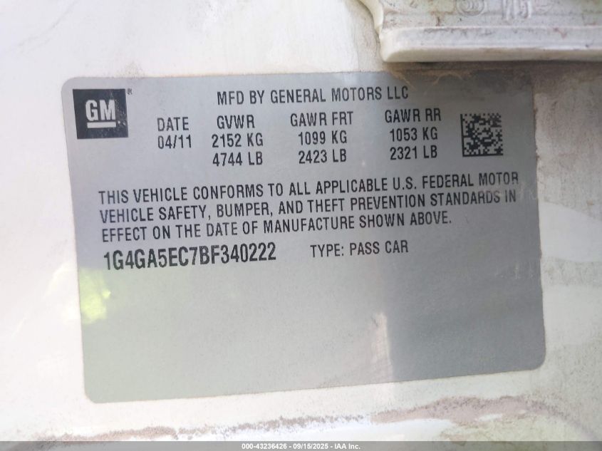 2011 Buick Lacrosse Cx VIN: 1G4GA5EC7BF340222 Lot: 43236426
