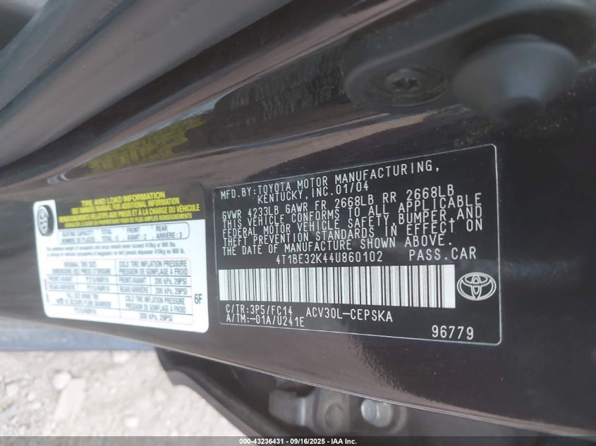 2004 Toyota Camry Se VIN: 4T1BE32K44U860102 Lot: 43236431