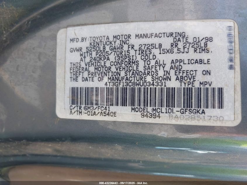 1998 Toyota Sienna Le VIN: 4T3GF13C8WU034331 Lot: 43236443