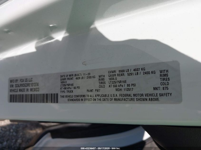 2024 Ram Promaster 2500 Tradesman High Roof 159 Wb W/Pass Seat VIN: 3C6LRVDG3RE101374 Lot: 43236457