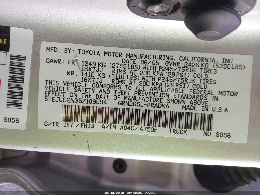 2005 Toyota Tacoma Prerunner V6 VIN: 5TEJU62N35Z109094 Lot: 43236458