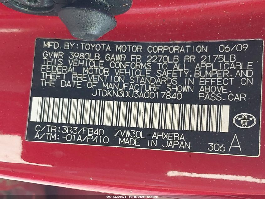 2010 Toyota Prius Iii VIN: JTDKN3DU3A0017840 Lot: 43236471