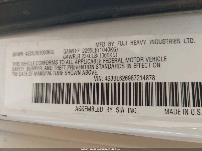 2008 Subaru Legacy 2.5I Limited VIN: 4S3BL626987214878 Lot: 43236499