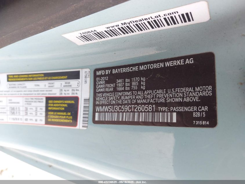 2012 Mini Cooper VIN: WMWSU3C59CT260581 Lot: 43236529