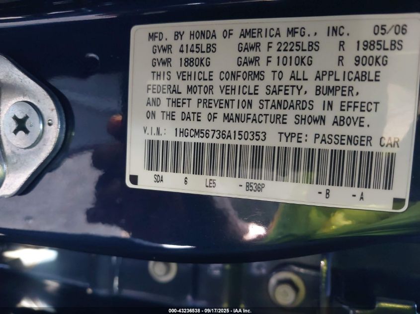 2006 Honda Accord Ex VIN: 1HGCM56736A150353 Lot: 43236538