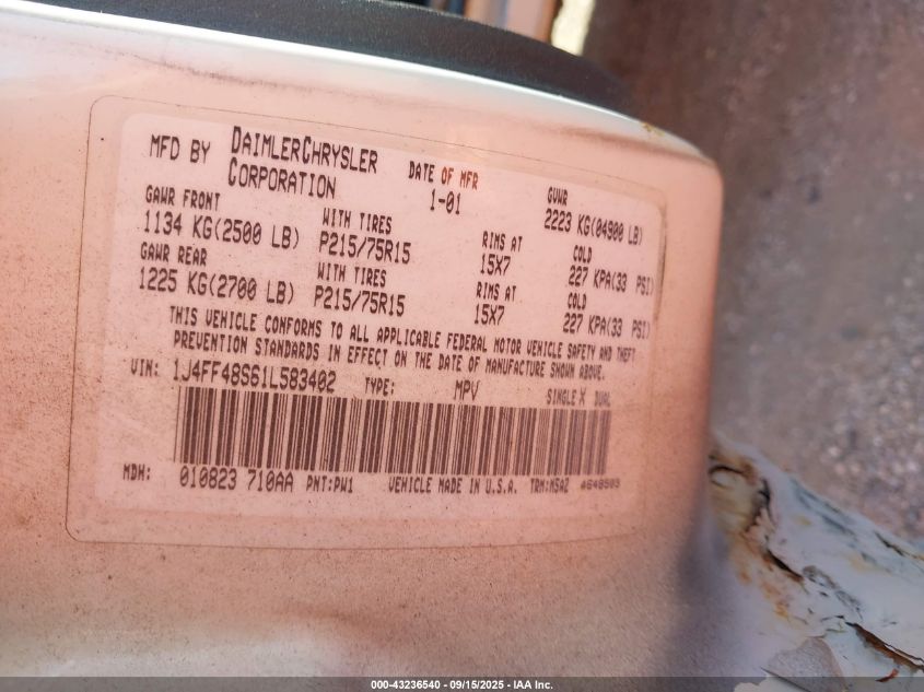 2001 Jeep Cherokee Sport VIN: 1J4FF48S61L583402 Lot: 43236540