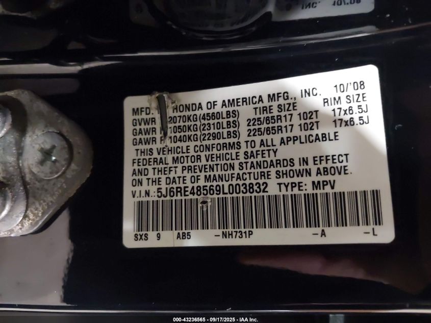 2009 Honda Cr-V Ex VIN: 5J6RE48569L003832 Lot: 43450762