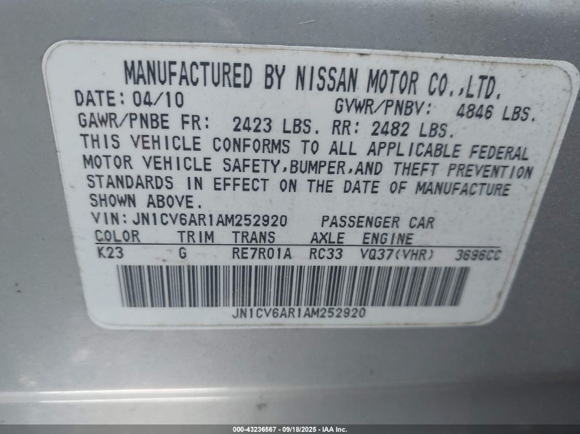 2010 Infiniti G37X VIN: JN1CV6AR1AM252920 Lot: 43236567