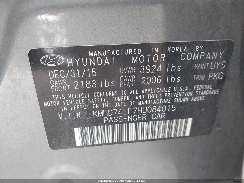 2017 Hyundai Elantra Se VIN: KMHD74LF7HU084015 Lot: 43236572