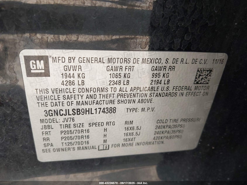 2017 CHEVROLET TRAX LT - 3GNCJLSB9HL174388