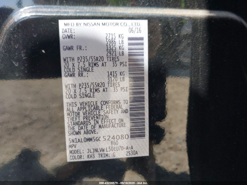 2016 Infiniti Qx60 VIN: 5N1AL0MM5GC524080 Lot: 43236579