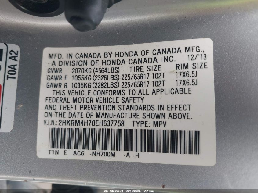 2014 Honda Cr-V Ex-L VIN: 2HKRM4H70EH637758 Lot: 43236590