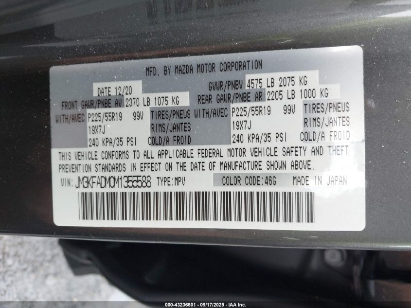 2021 Mazda Cx-5 Grand Touring VIN: JM3KFADM0M1355588 Lot: 43236601