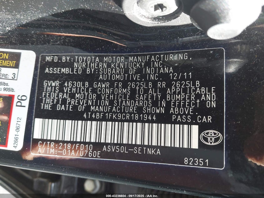 2012 Toyota Camry Le VIN: 4T4BF1FK9CR181944 Lot: 43236604