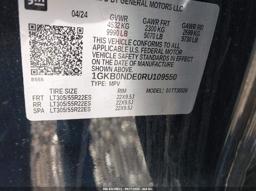 2024 GMC Hummer Ev Suv 2X VIN: 1GKB0NDE0RU109550 Lot: 43236613